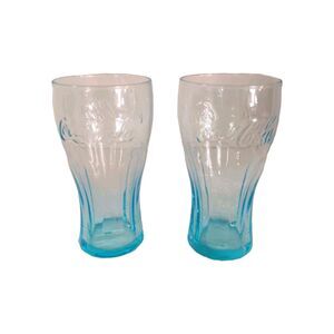 Set of 2 Vintage Aqua/Teal Blue Libbey Coca-Cola Ribbed Glasses  McDonald's Coke
